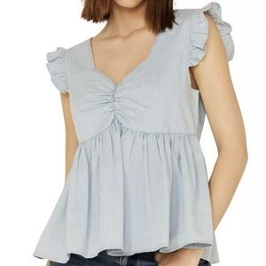 Molly Bracken Denim Chambray Babydoll Sweetheart Ruffle Sleeve Top
